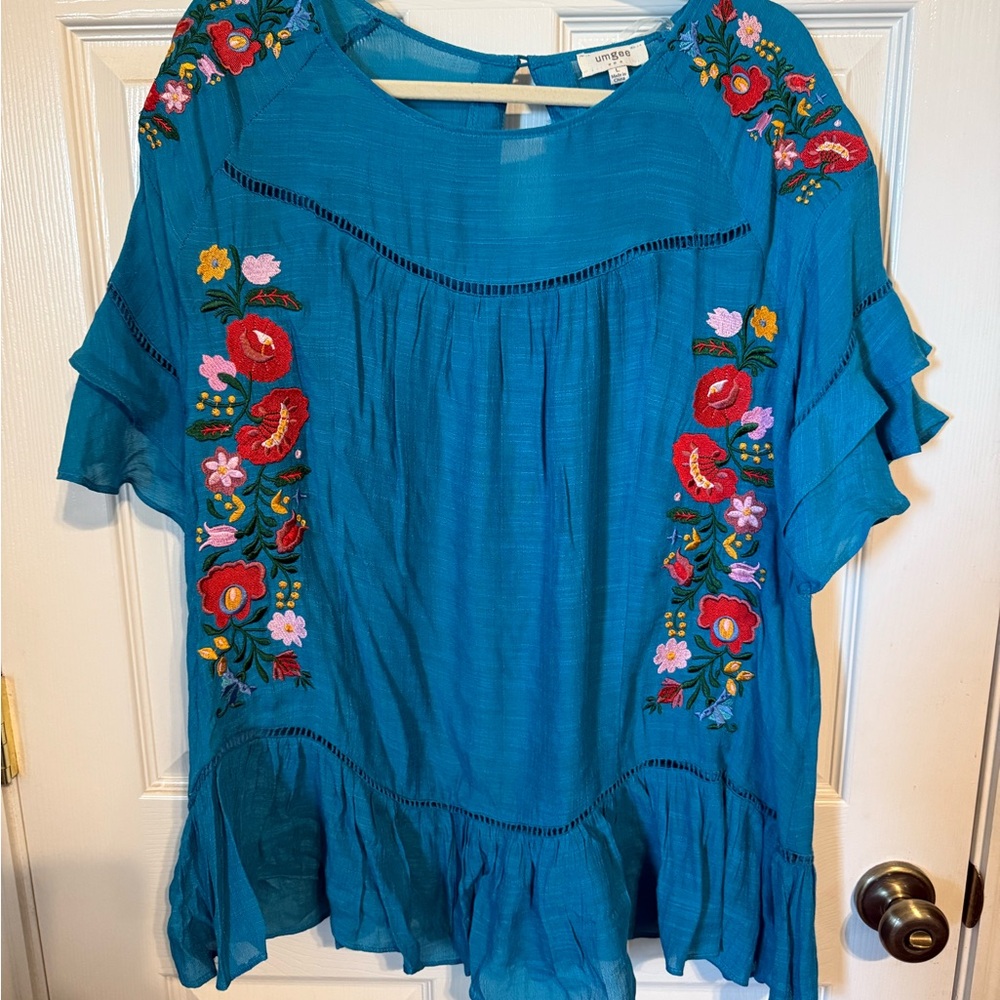 Umgee Blue Blouse with Bib Collar and Ruffled Short Sleeves